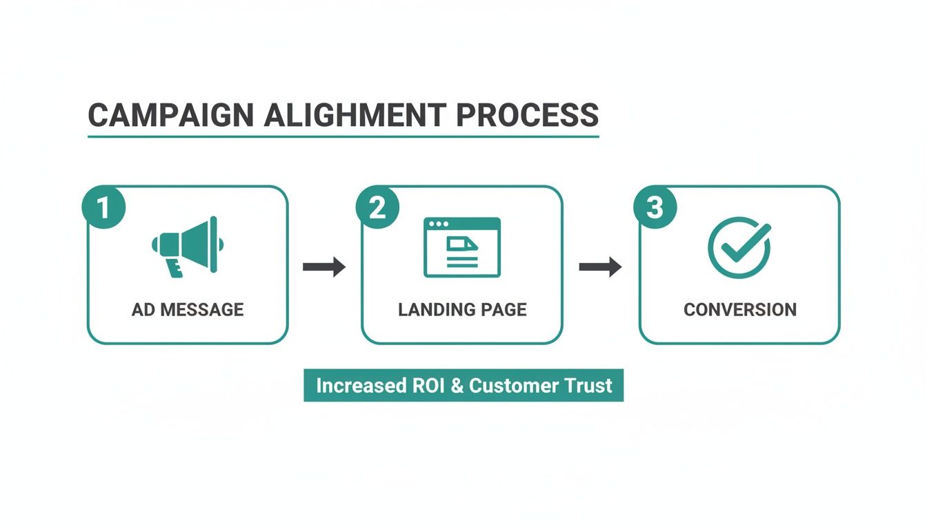 Infographic showing campaign alignment process steps: ad message, landing page, and conversion, leading to increased roi and customer trust.