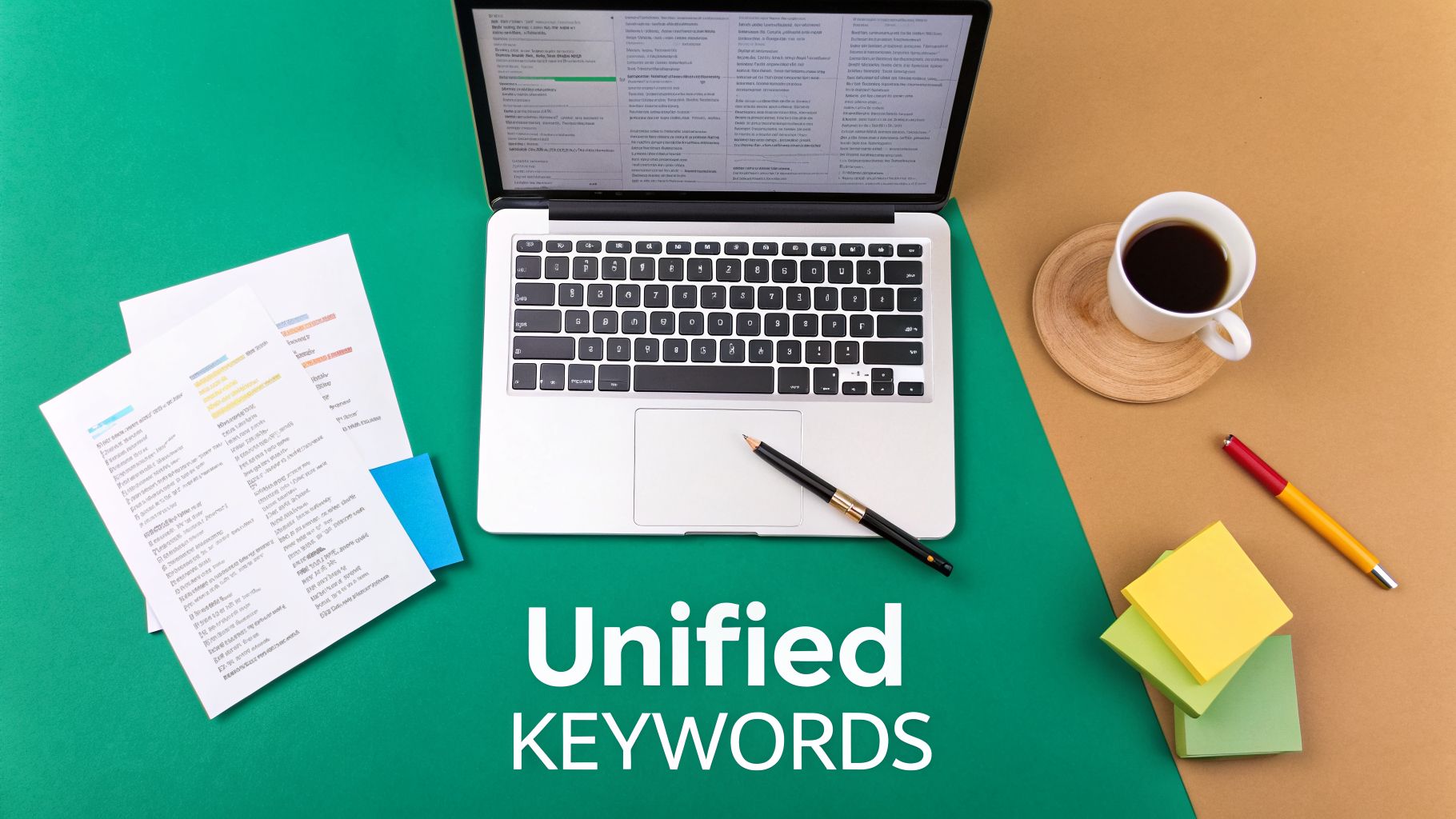 Overhead view of a workspace with laptop, coffee, documents, and sticky notes, suggesting seo or keyword research.
