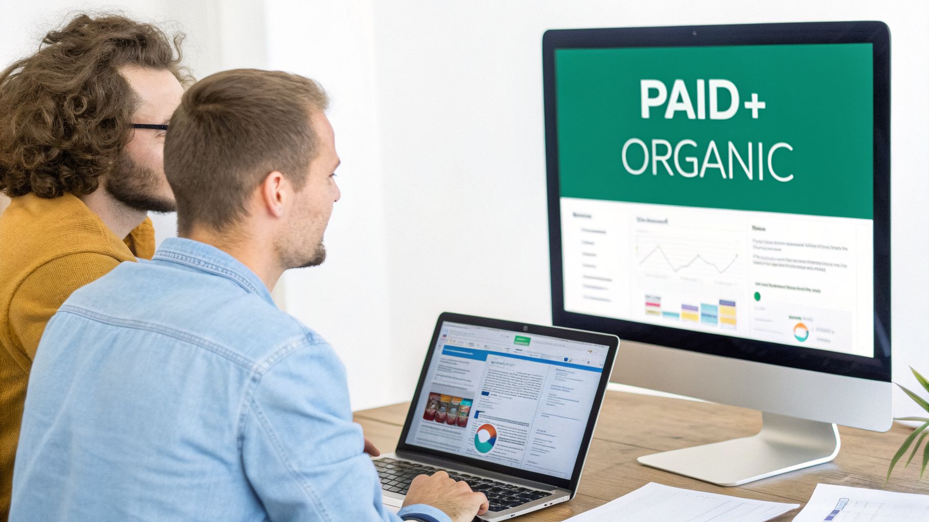 Two men analyzing digital marketing data on a monitor displaying 'paid + organic' and a laptop.