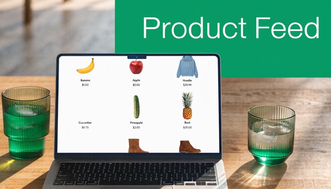 A laptop on a wooden desk displaying a product feed with images and prices of various items.