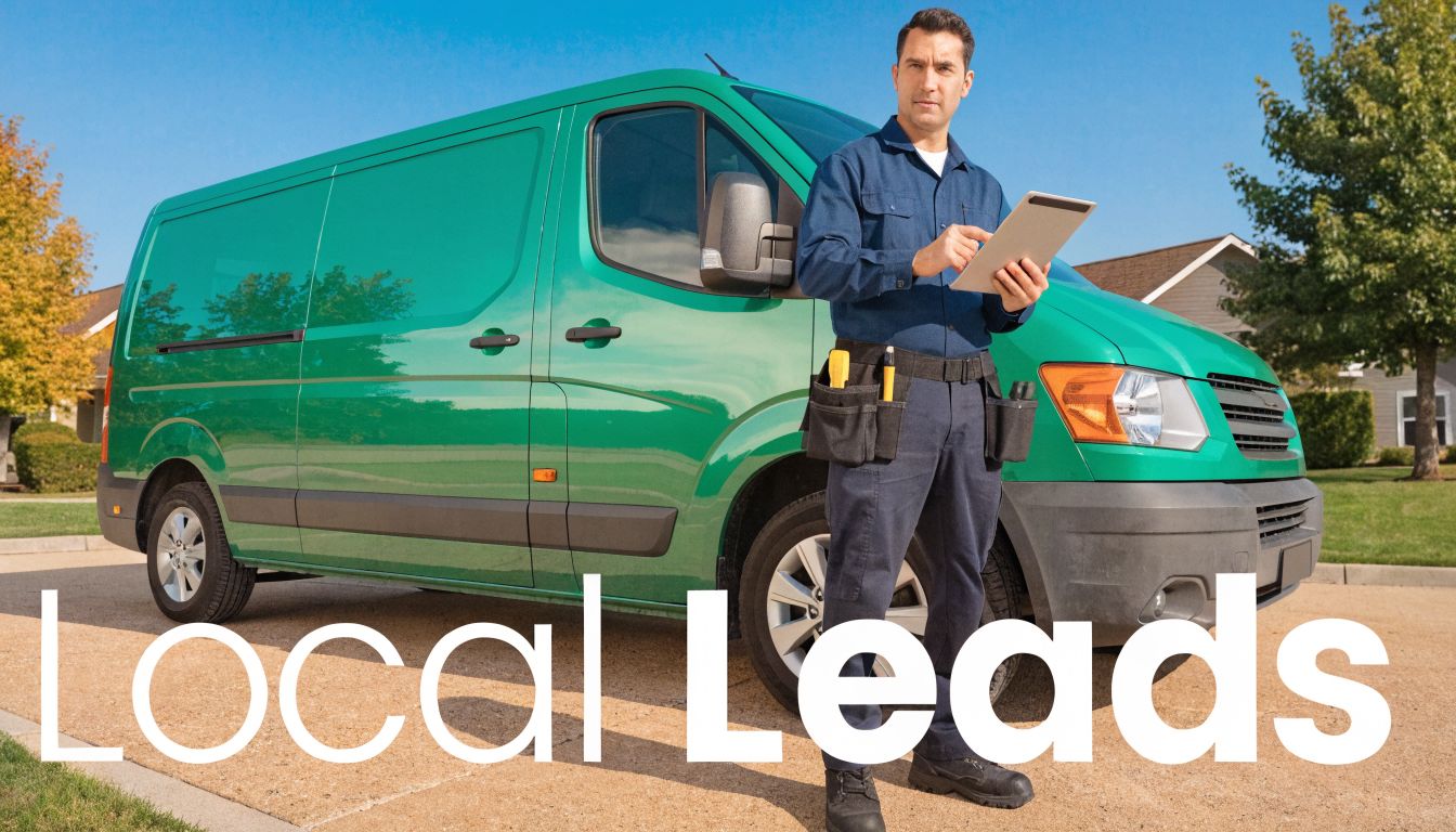 A professional technician stands in front of a green service van while using a digital tablet.