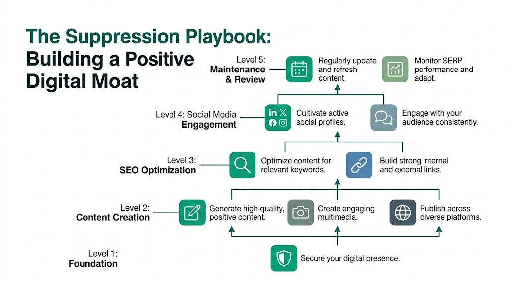 A pyramid infographic titled the suppression playbook demonstrating a five-level strategy to build a positive digital moat.