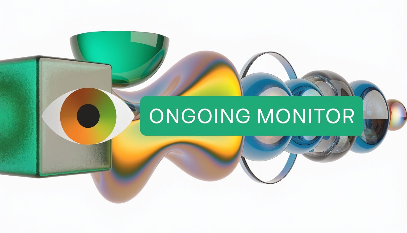 A 3d abstract illustration featuring an eye icon and the words ongoing monitor on a green banner.