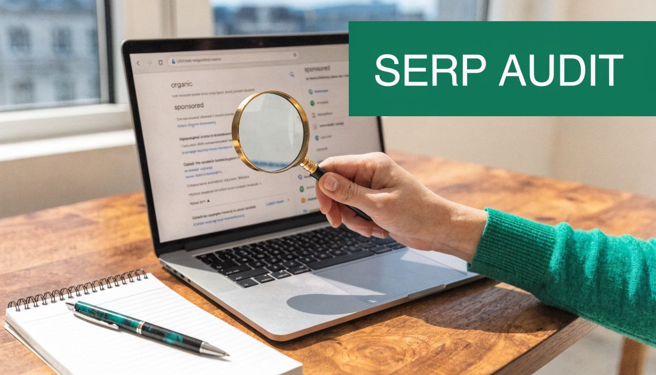 A person using a magnifying glass to examine search results on a laptop screen for seo purposes.