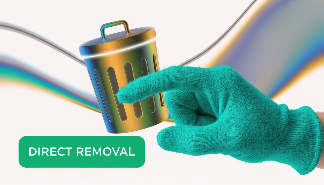 A hand in a green work glove gestures toward a metallic 3d trash can icon.