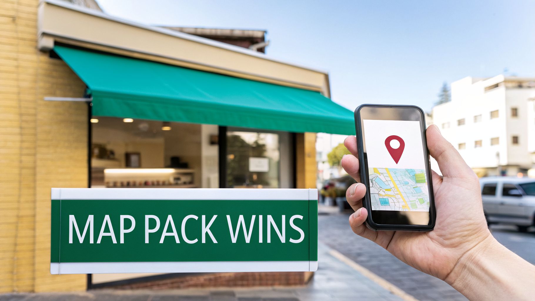 Hand holding smartphone displaying a map and location pin, with 'map pack wins' sign, symbolizing local seo success for businesses.