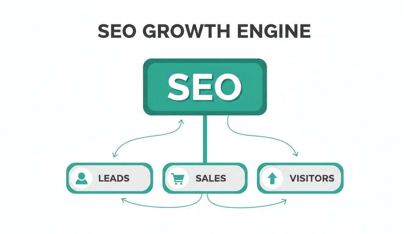 A diagram illustrating the seo growth engine, showing how seo drives leads, sales, and website visitors.