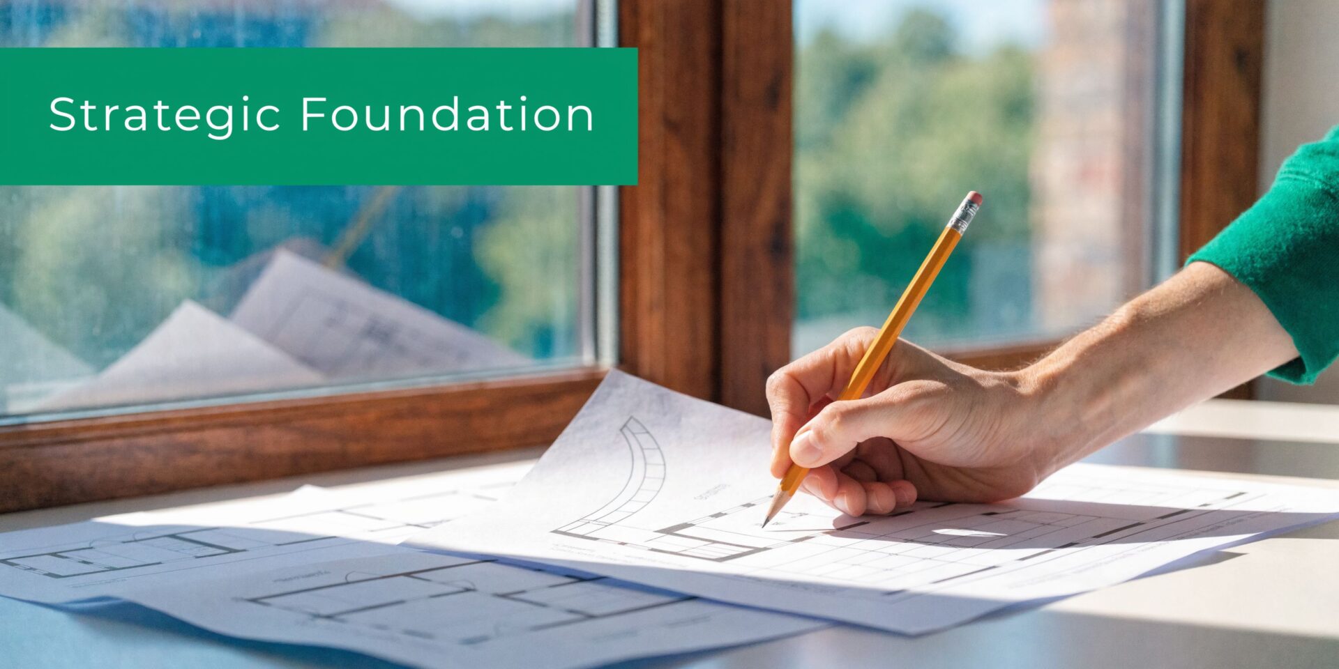 A person writing on architectural blueprints with a pencil next to a large window.