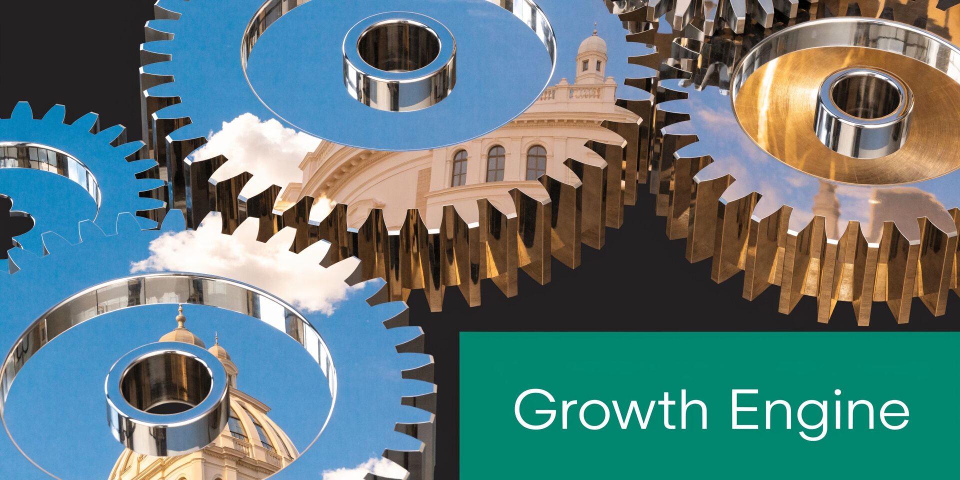 Conceptual image of metallic industrial gears reflecting a bright sky and building, representing a business growth engine.