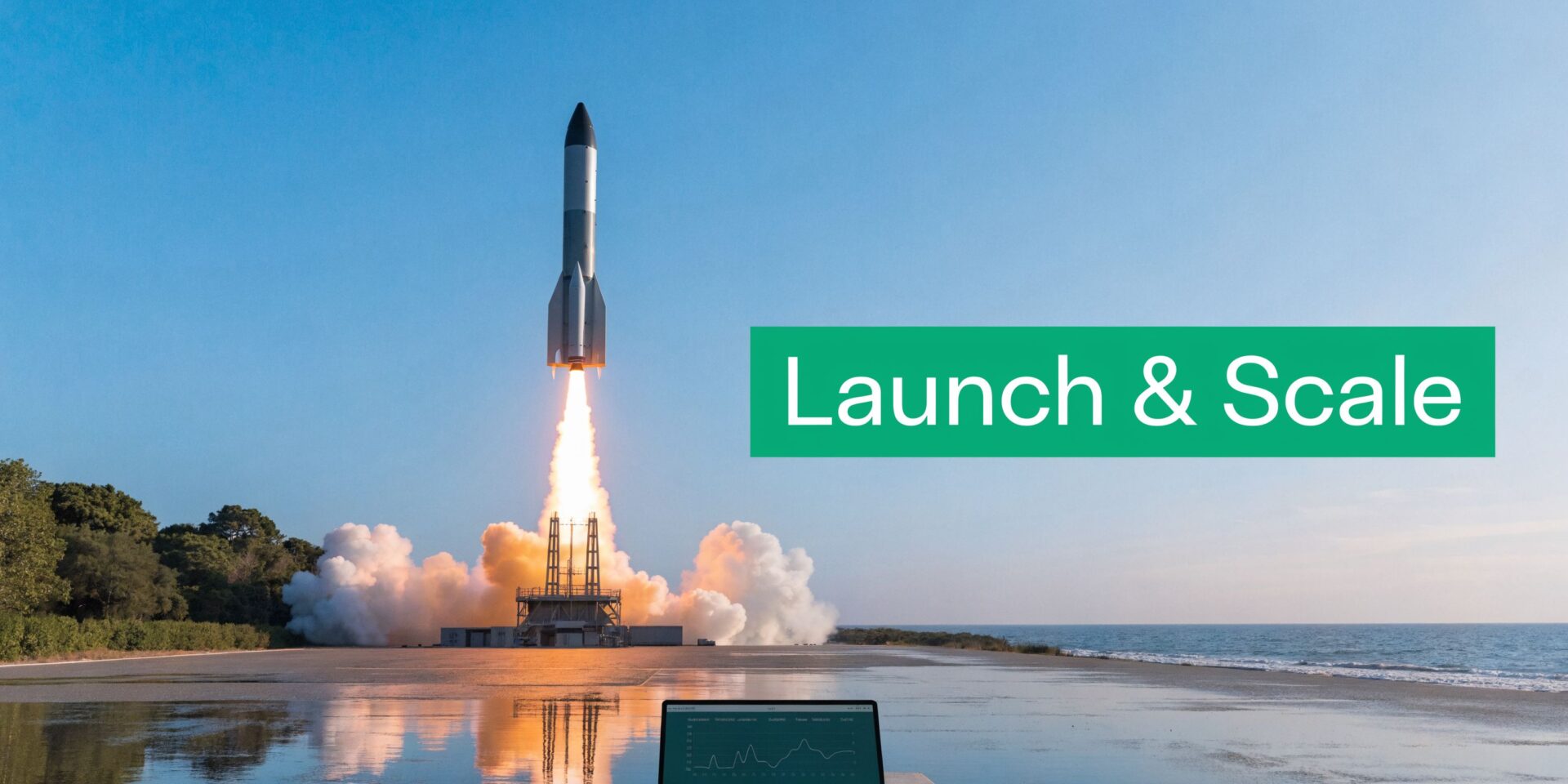 A rocket launching into the clear blue sky over a coastal area with text overlay.