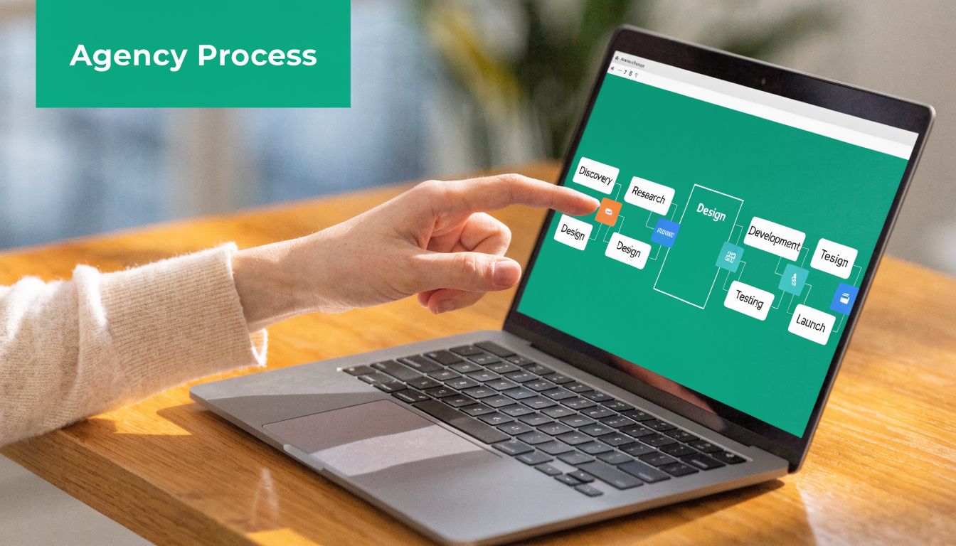 A person points at a laptop screen displaying a flow chart of a digital agency process.