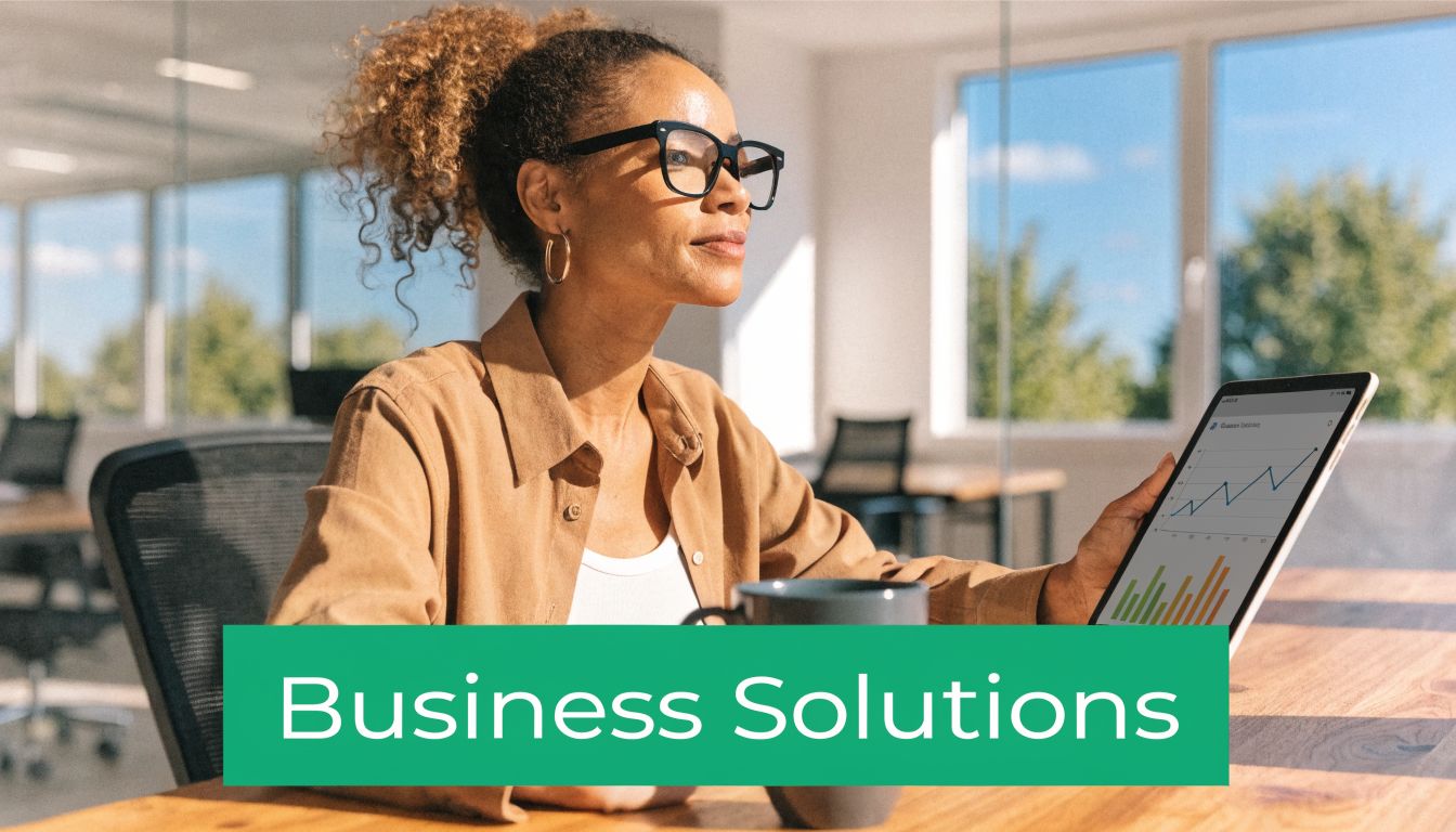 A professional woman in an office setting holds a tablet showing business charts and data analytics.
