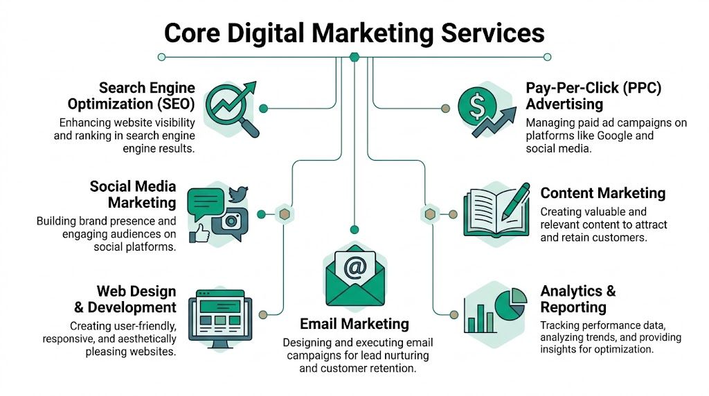 An infographic showing the core services provided by a professional digital marketing agency for business growth.