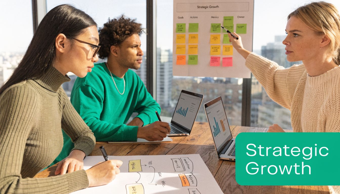 A professional team collaborates on a strategic growth plan in a modern, sunlit office workspace.