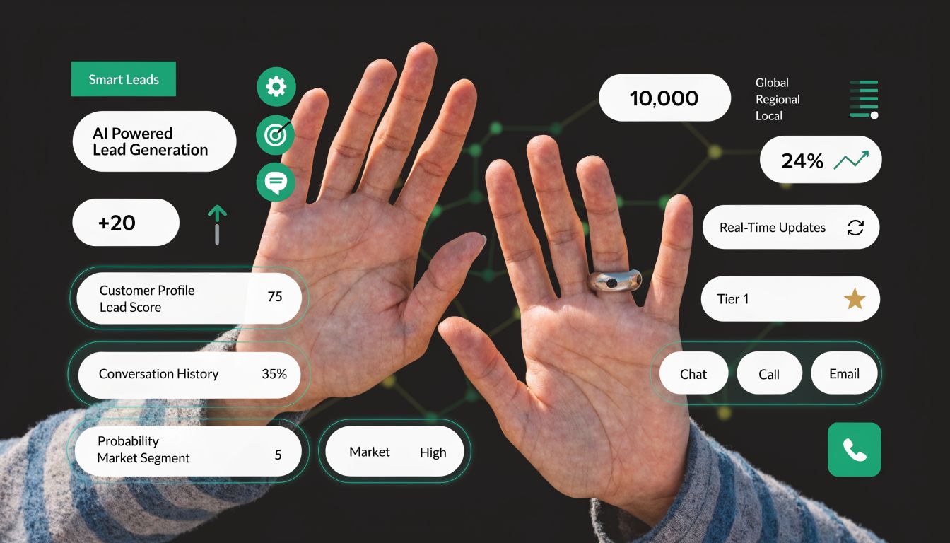 A person gesturing with both hands surrounded by digital marketing analytics and lead generation interface icons.