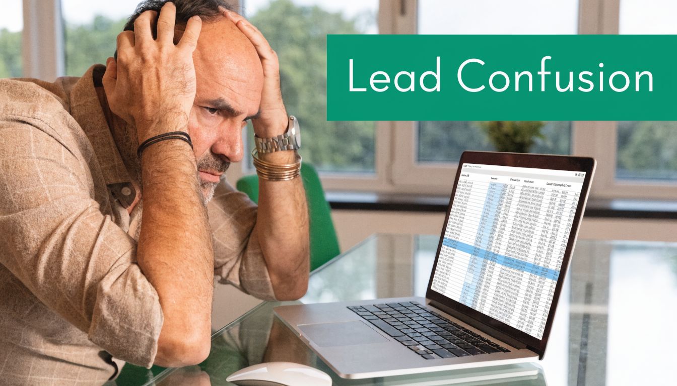 A frustrated man holding his head while looking at a complex spreadsheet on his laptop screen.