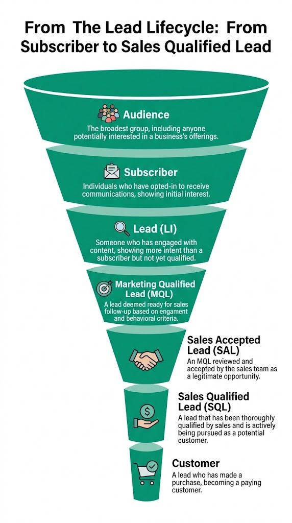 A funnel diagram illustrating the lead lifecycle stages from initial audience interest to becoming a paying customer.