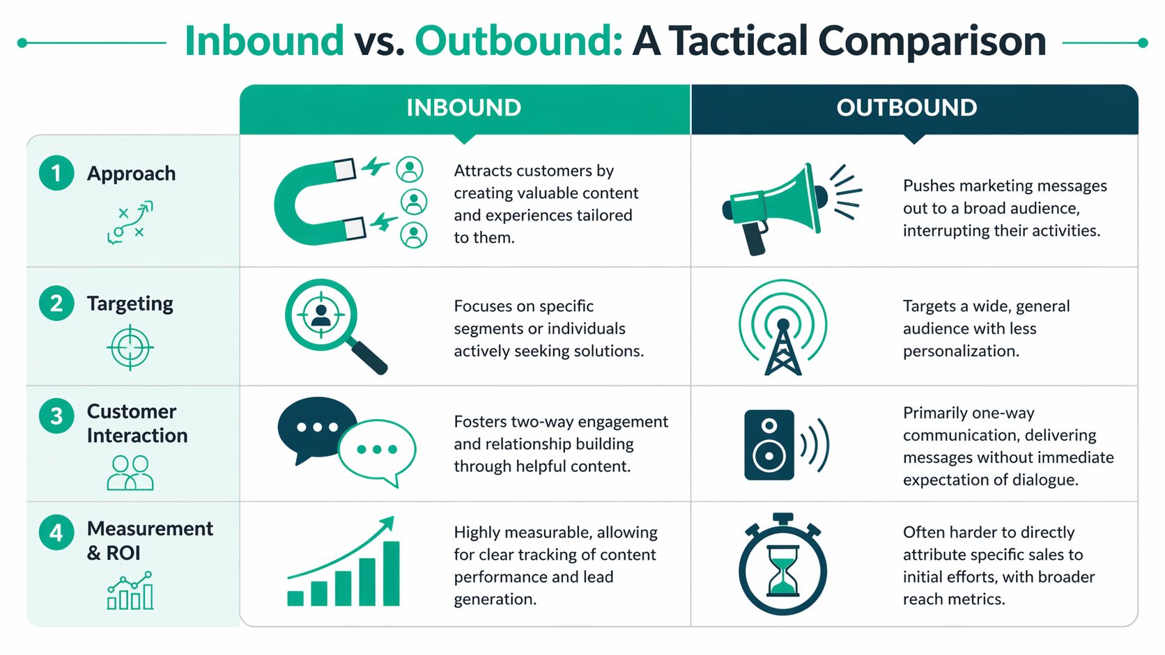 A comparison chart showing the key tactical differences between inbound and outbound marketing strategies.
