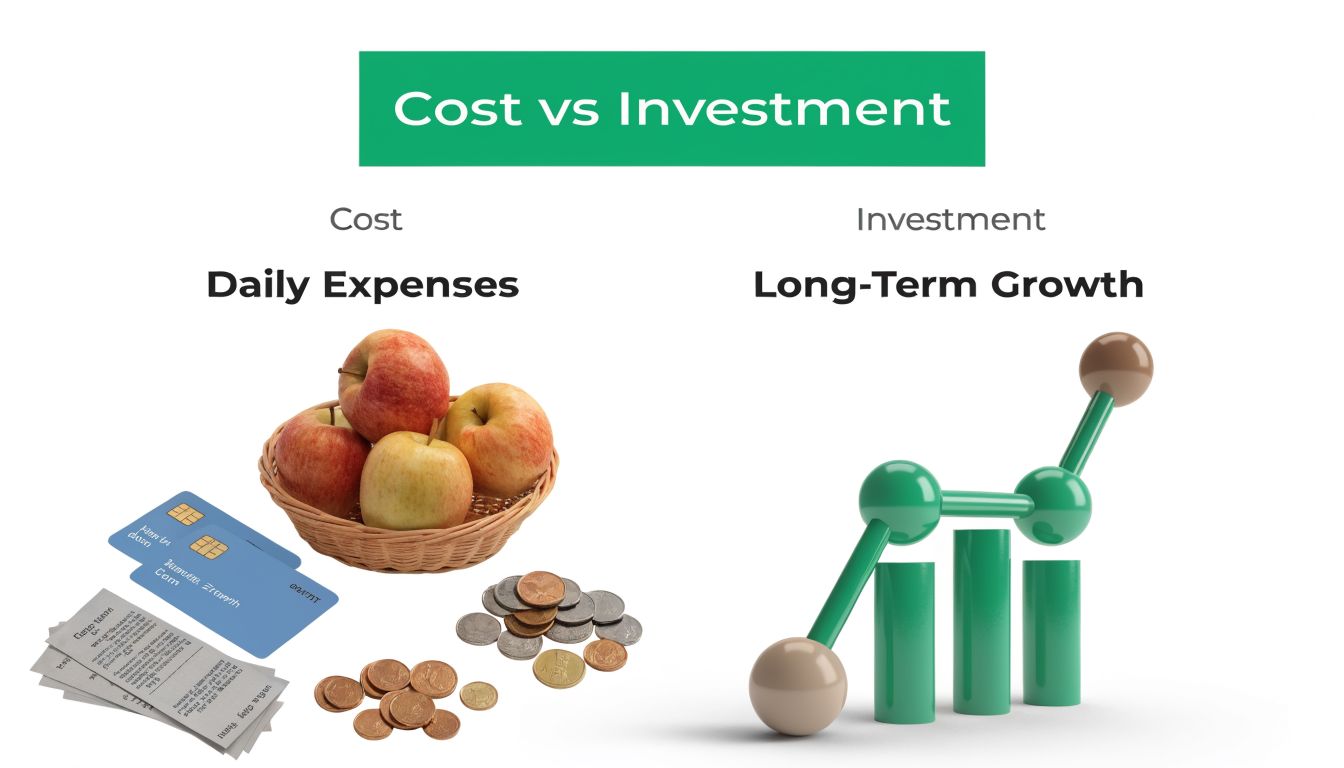 A comparison illustration between daily expenses represented by groceries and money, versus long-term growth represented by a graph.