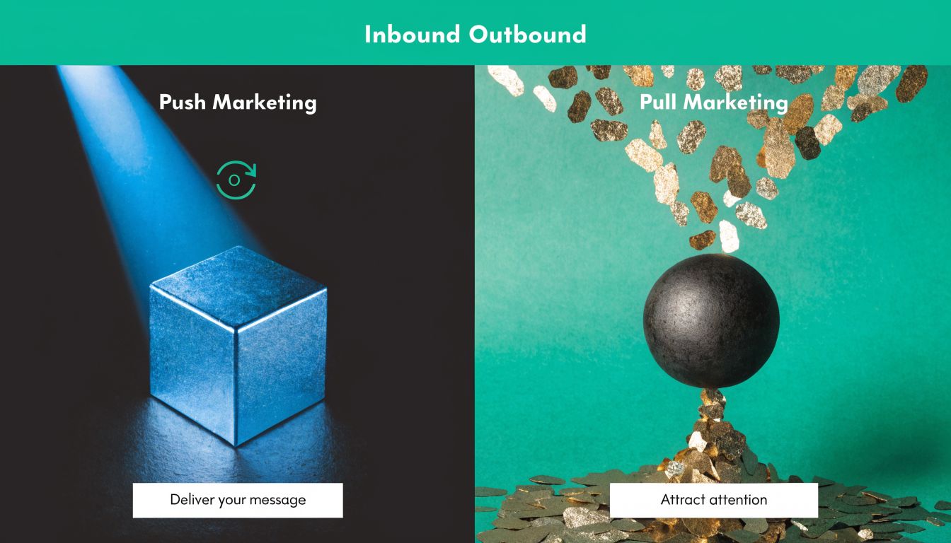 A visual comparison infographic labeled inbound and outbound marketing, showing push versus pull strategy concepts.