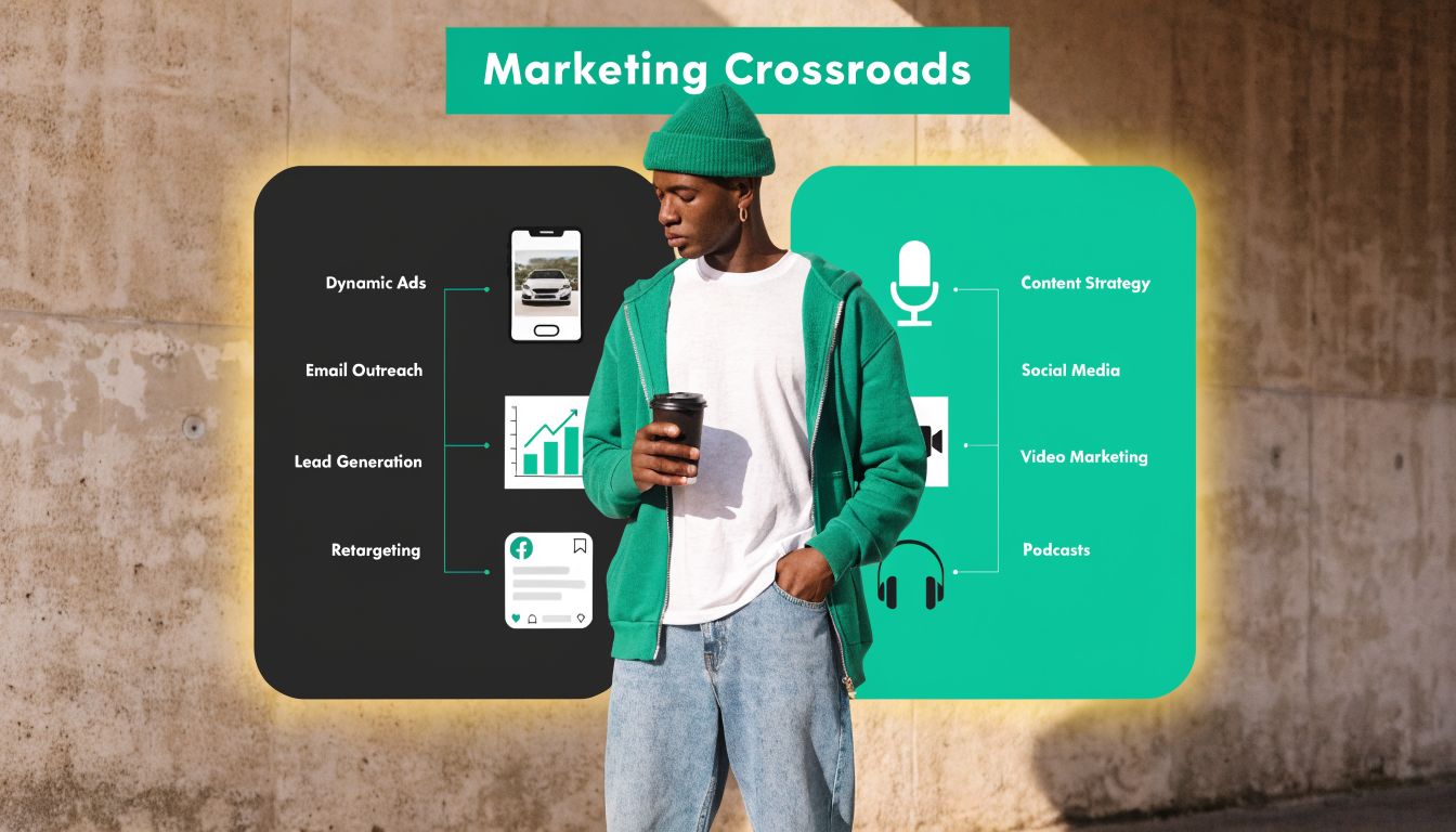 A conceptual graphic illustrating inbound versus outbound marketing strategies with icons and text overlays on a man.
