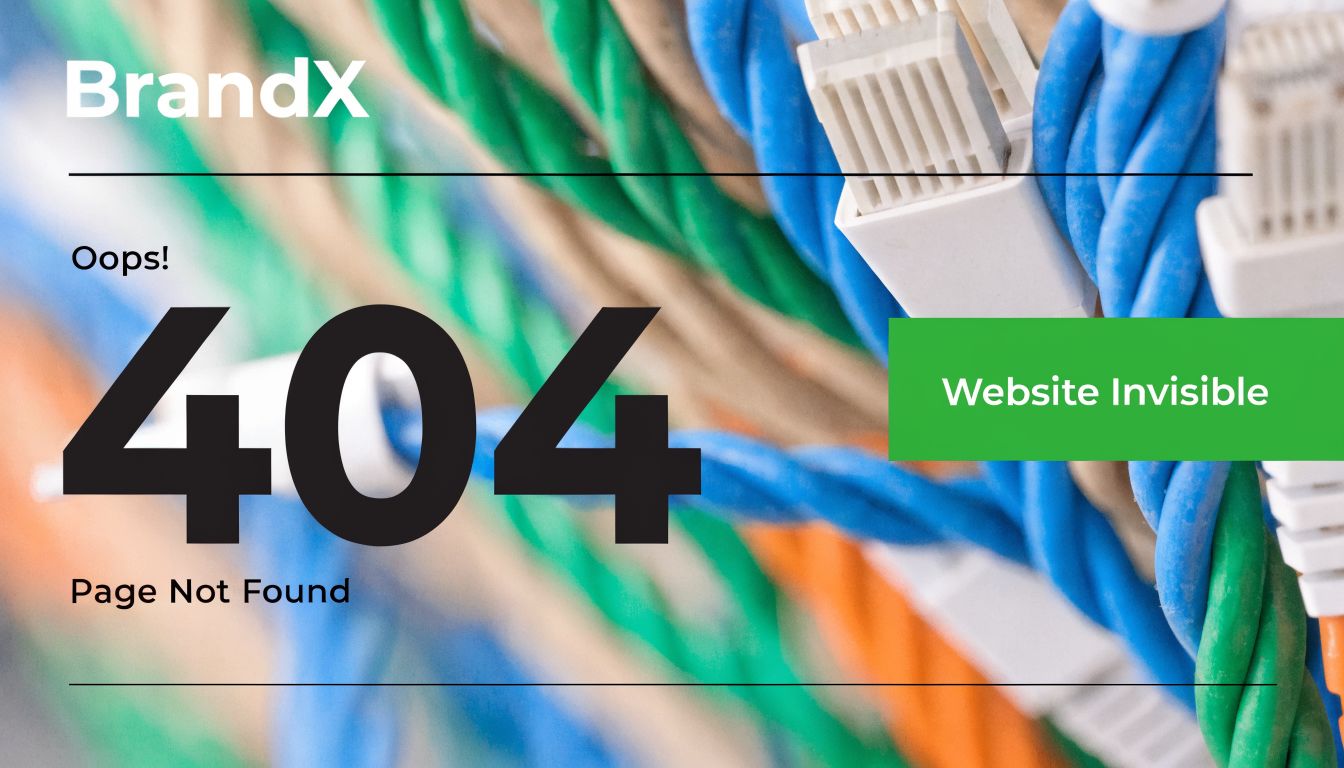 A 404 error page displayed with the text website invisible over a background of tangled network cables.