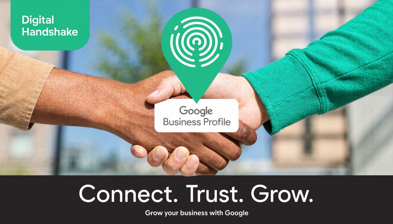 Two people shaking hands with a google business profile location pin graphic superimposed over the center.