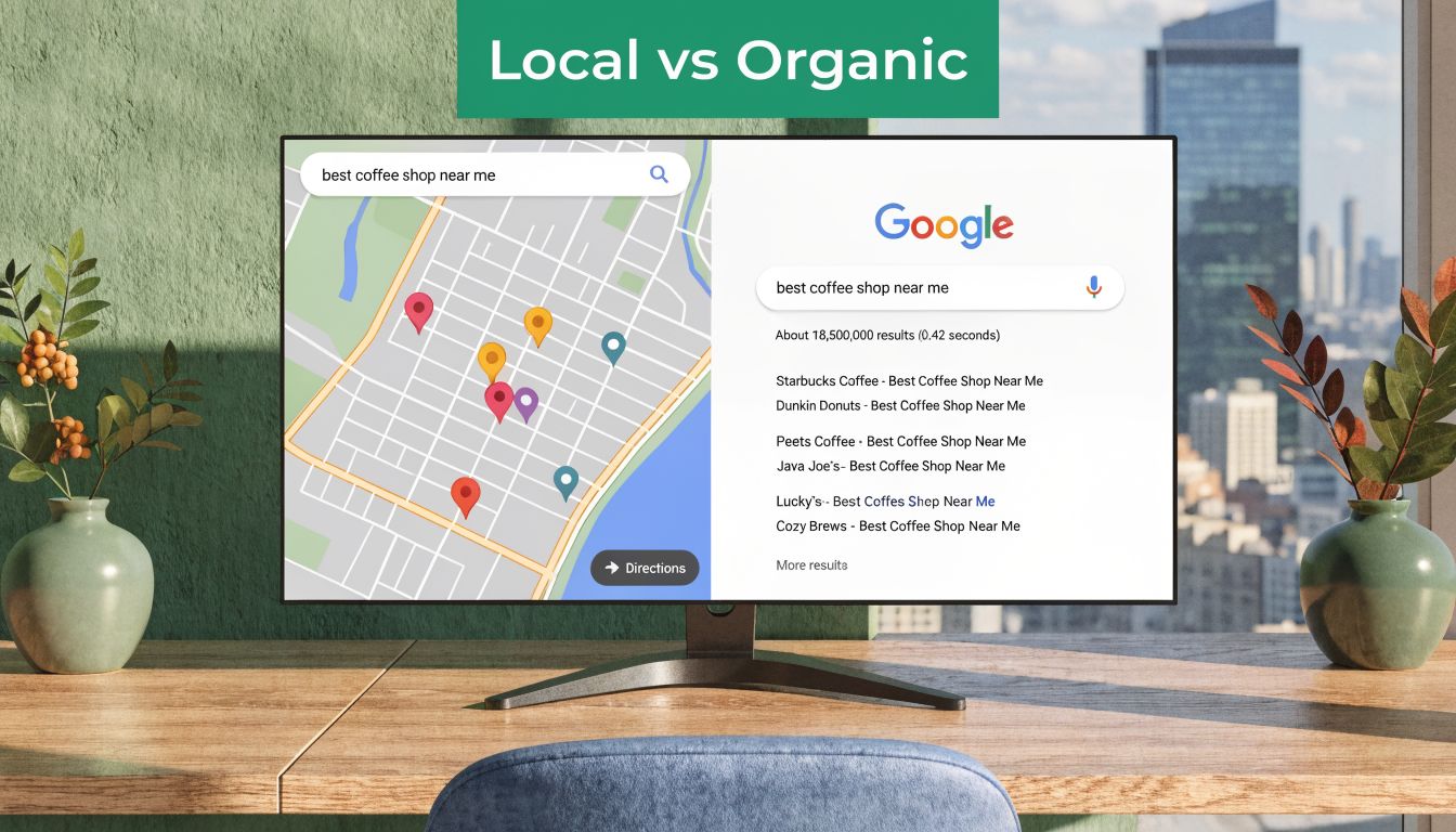 A digital screen display showing local search map results and organic google search engine listings side by side.