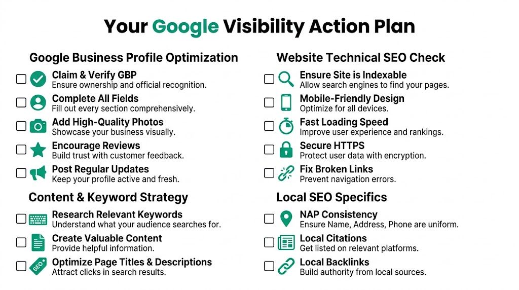 A checklist titled your google visibility action plan with tasks for seo and business profile optimization.