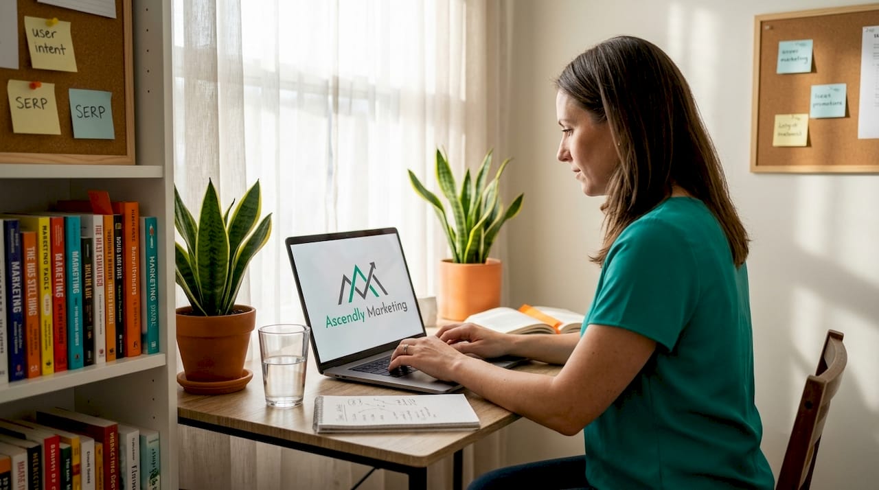 Woman typing SEO content in home office