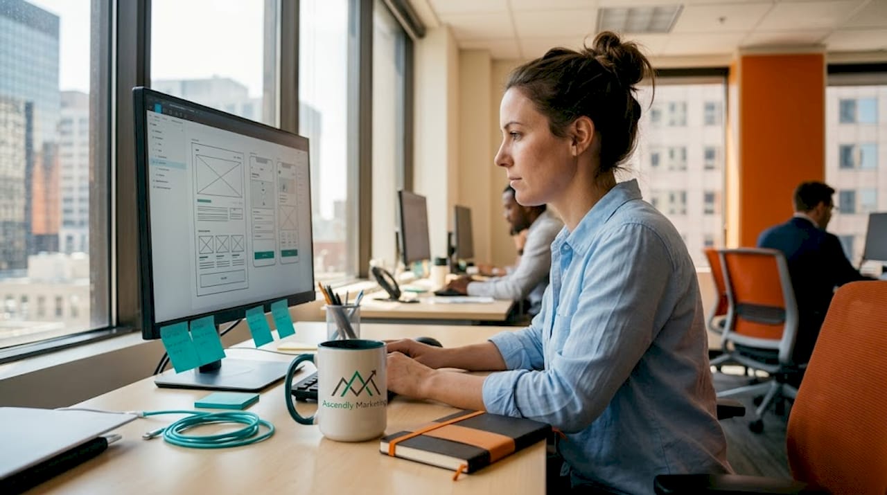Web designer reviewing site wireframes