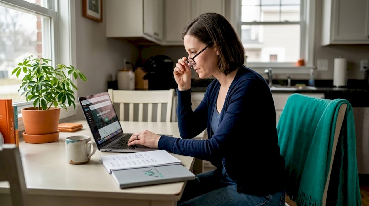 Small business owner updating website at home