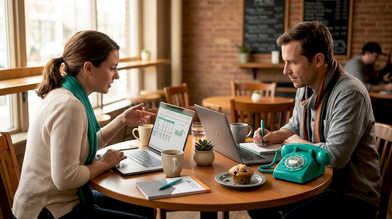 Small business owners reviewing digital workflows