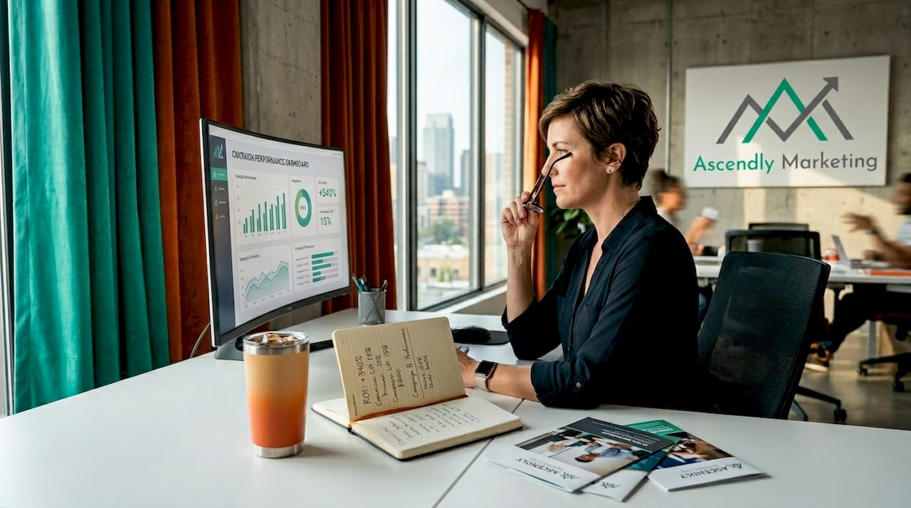 Small business owner reviews marketing results