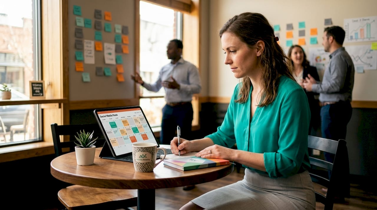 Small business marketer planning content at workspace