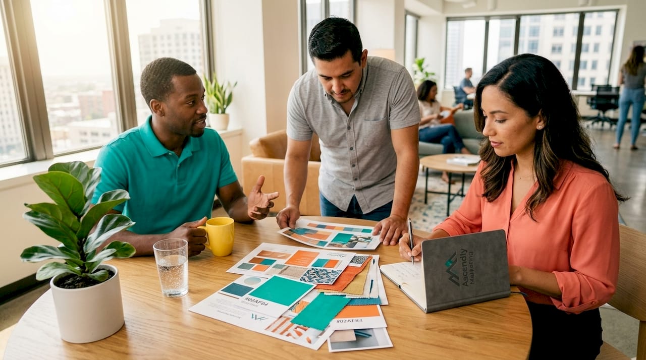 Small business owners meeting with branding materials