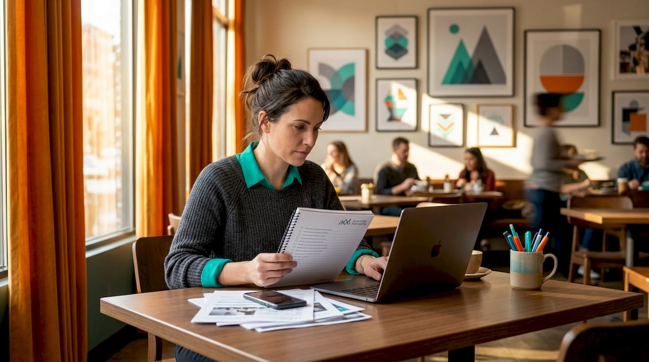 Small business owner reviews marketing checklist
