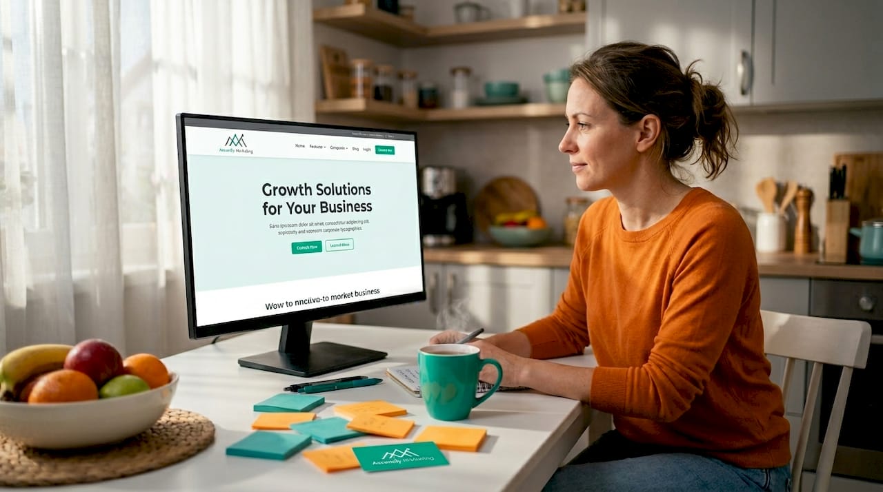 Small business owner reviewing website