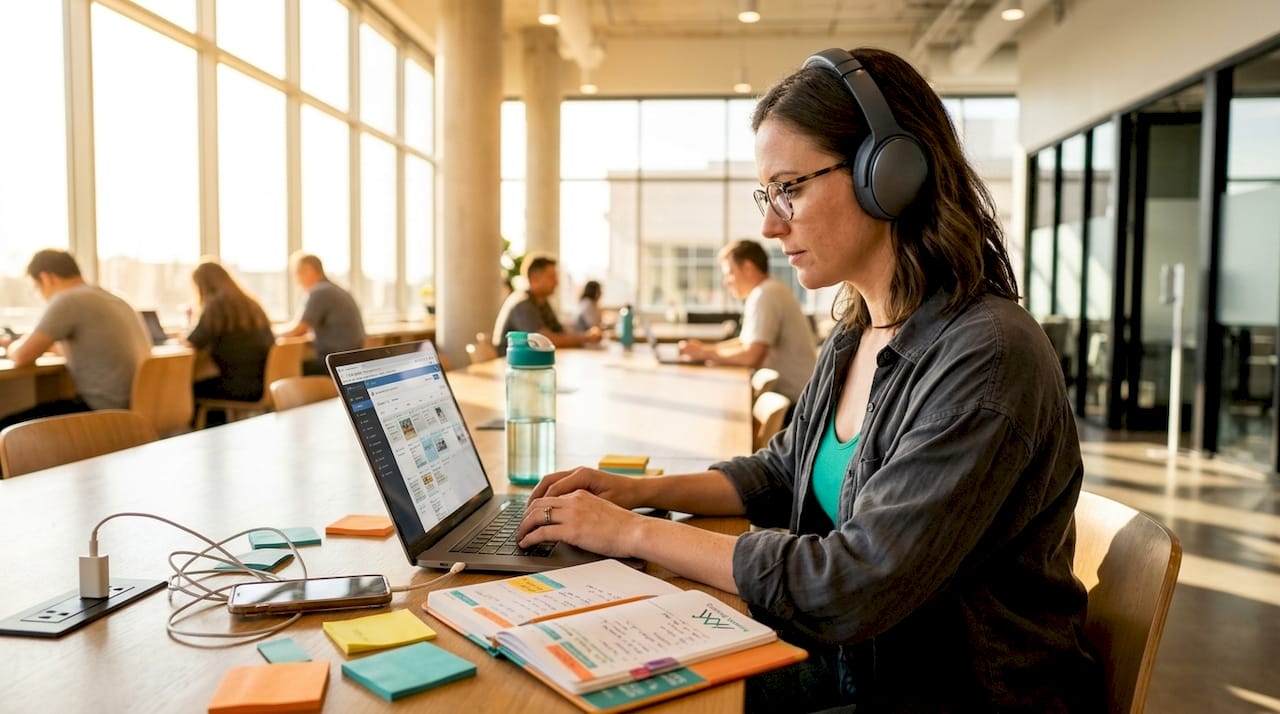 Woman drafts content in shared workspace