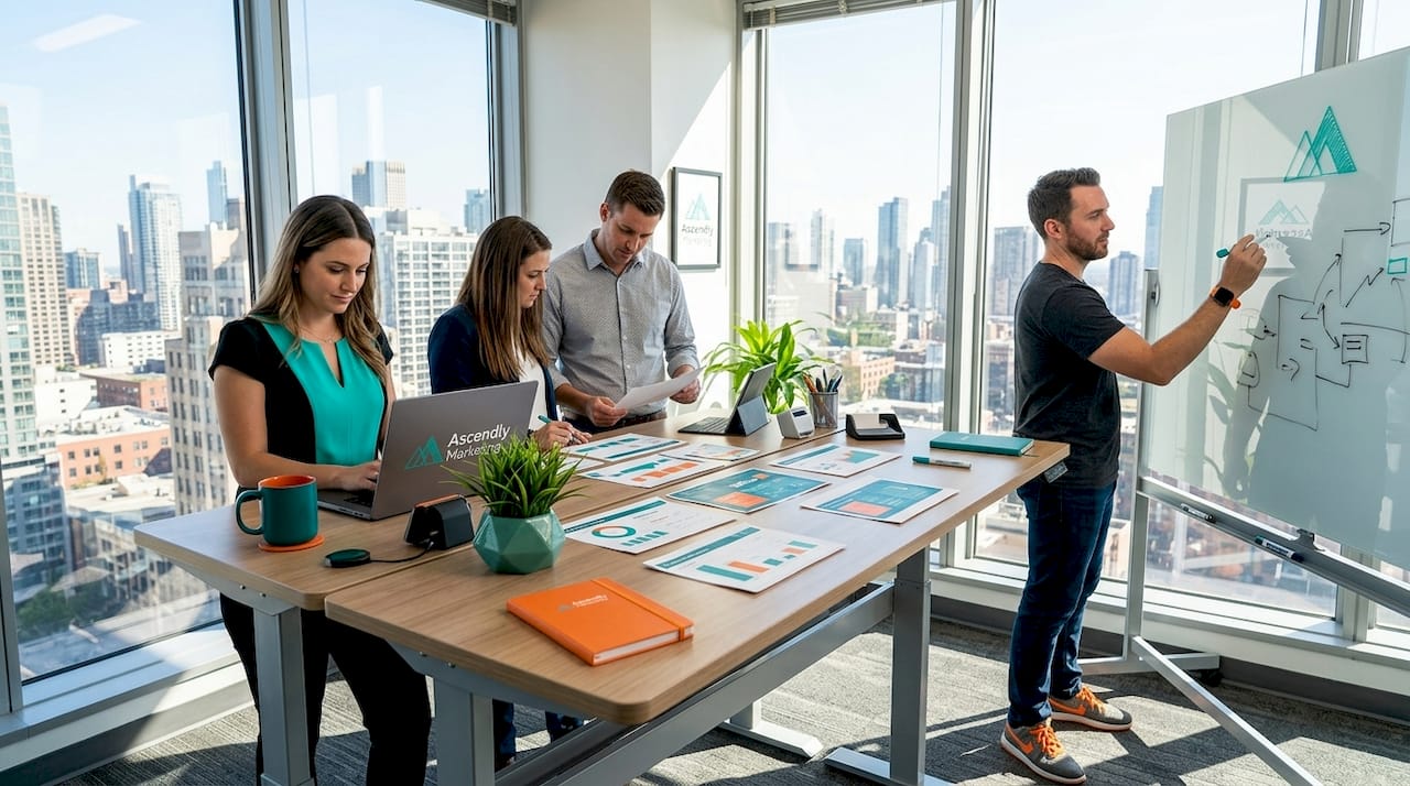 Digital agency team collaborating in corner office