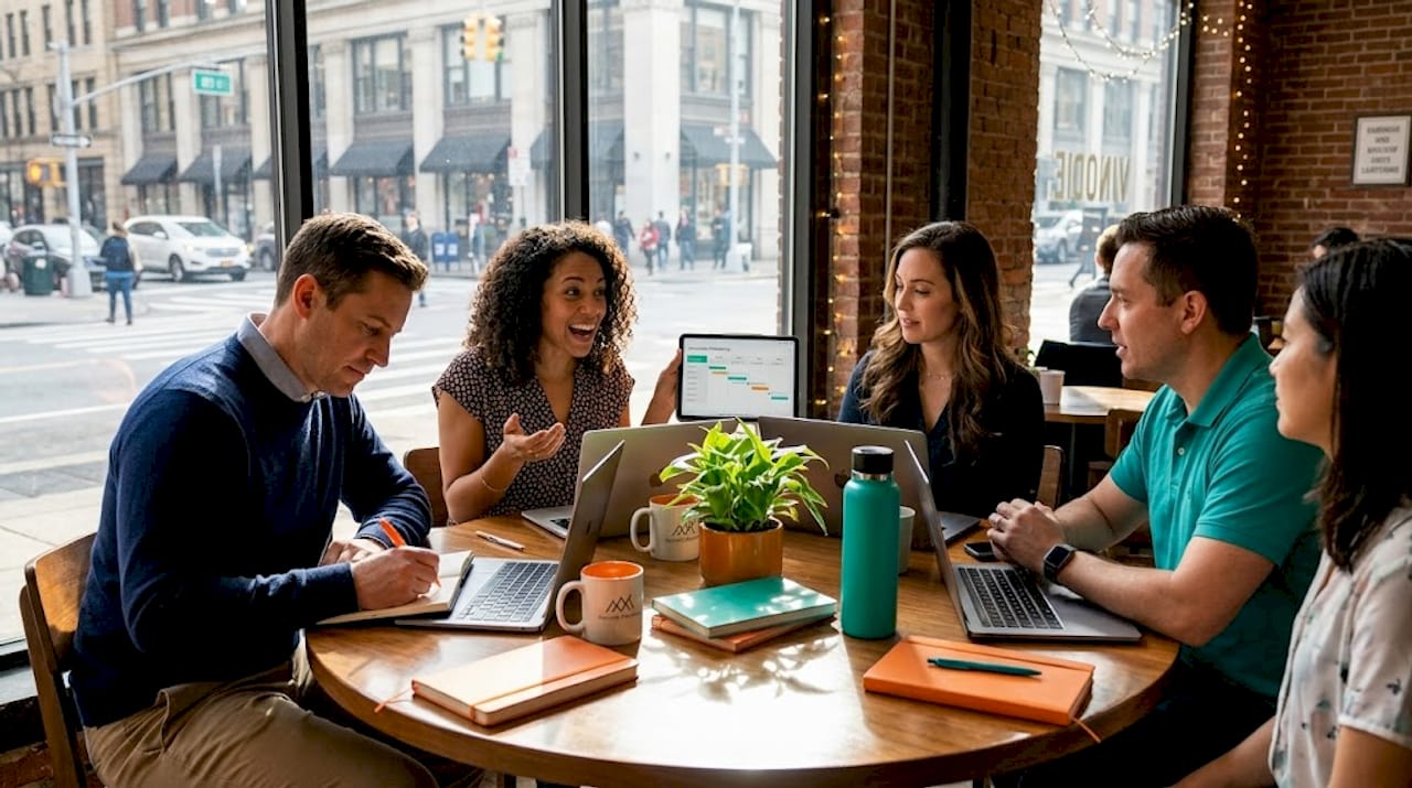 Team in a collaborative agency workspace meeting