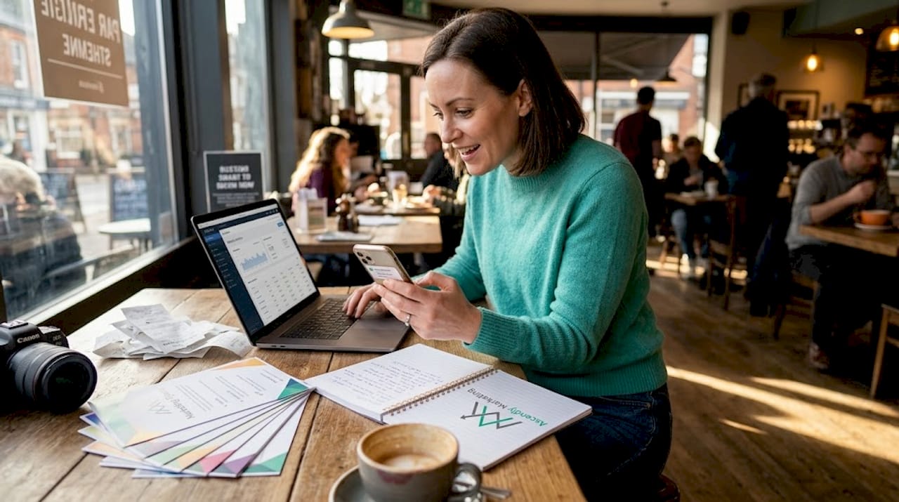 Small business owner multitasking at café workspace