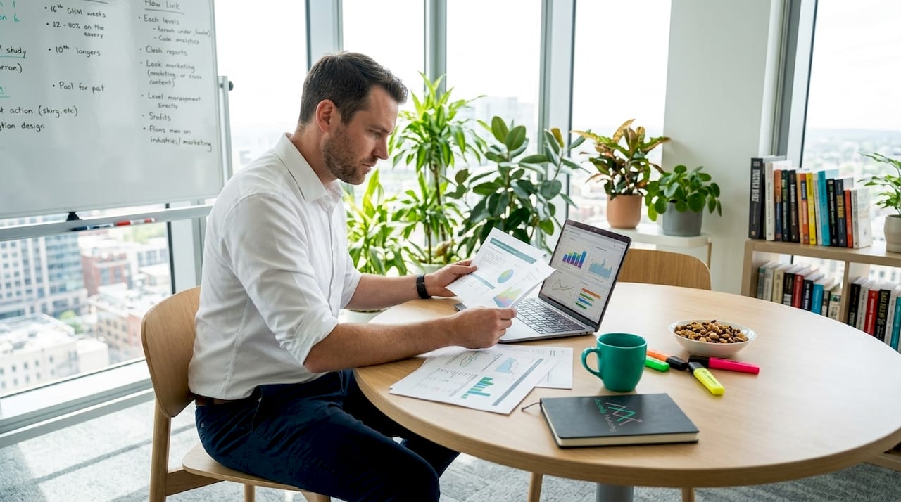 Professional comparing digital marketing reports in office