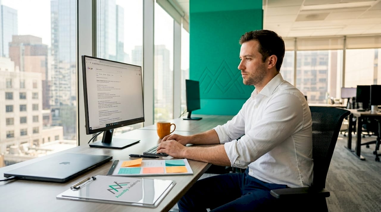 Businessman reviewing search engine rankings on computer