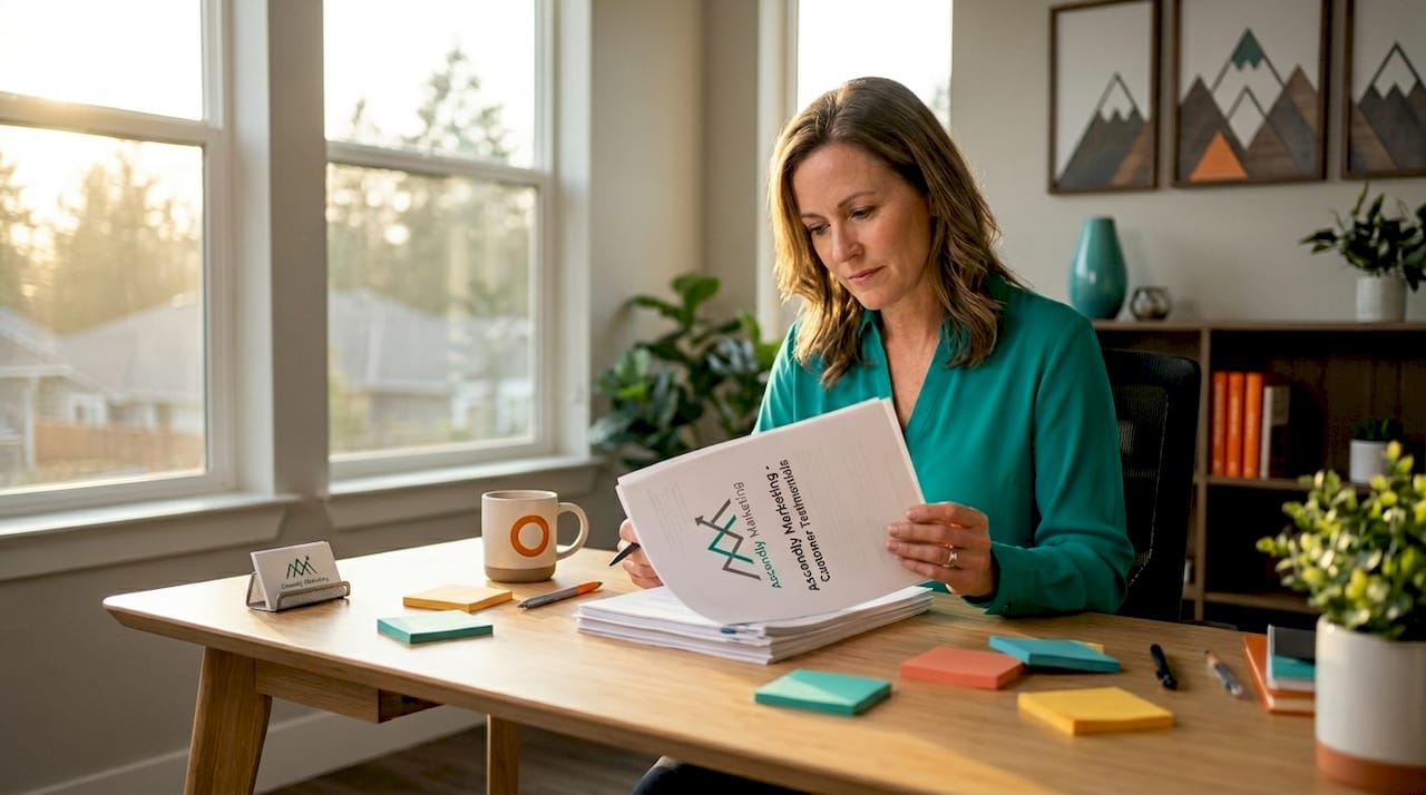 Businesswoman reading customer testimonials at desk