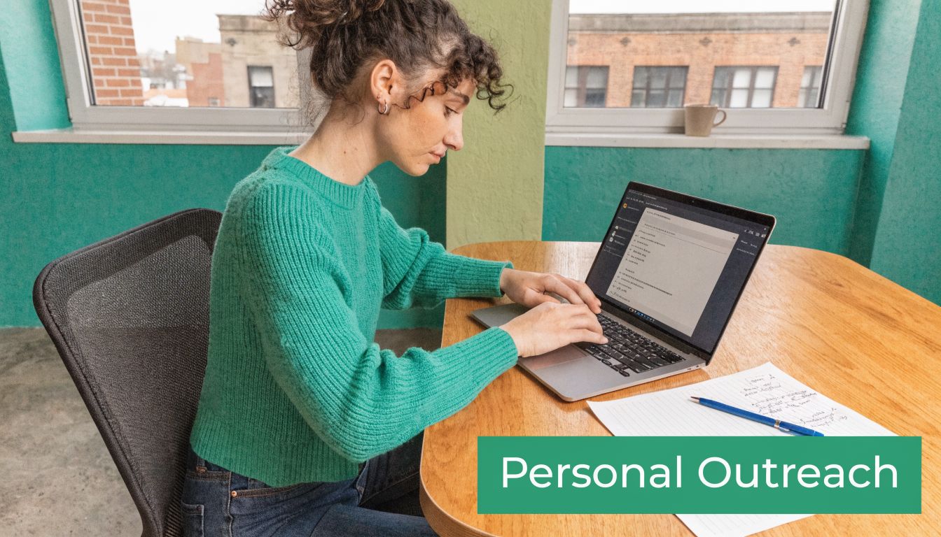 A woman working on a laptop at a wooden desk with a green background and notepad.