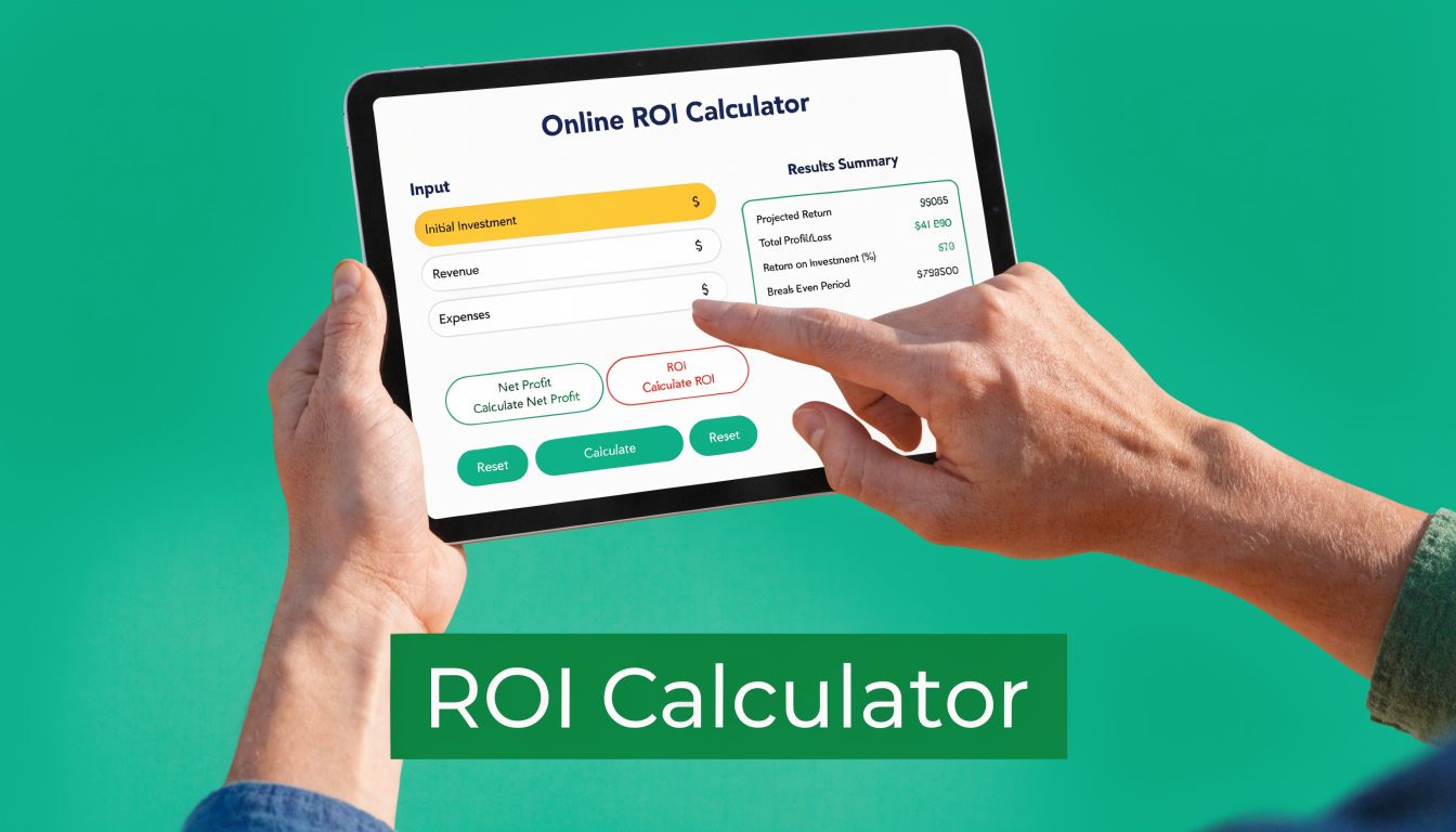 A person holds a tablet displaying an online roi calculator application used for business financial planning.