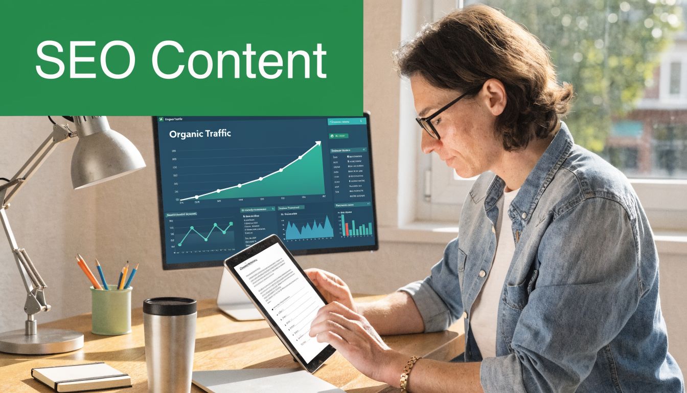 A professional working on a tablet while viewing organic traffic statistics on a computer monitor at home.