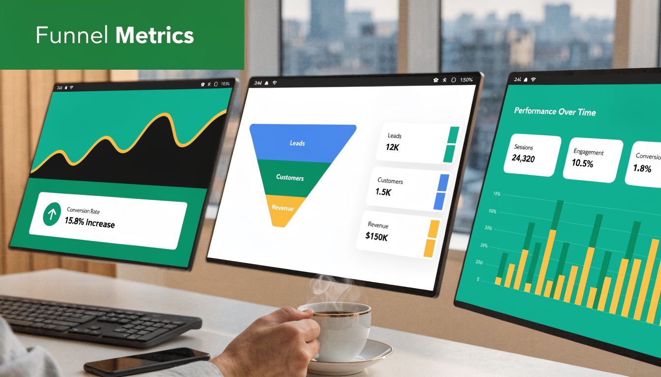 A person viewing business funnel metrics and performance data on three computer monitors in a modern office.