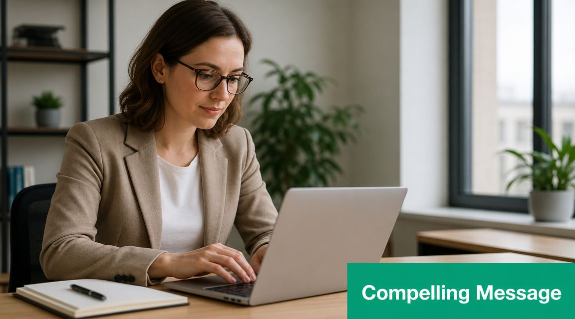 A professional woman working on a laptop at a desk, focusing on digital marketing strategies.